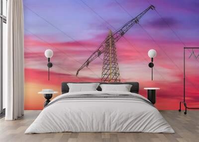 View of very large electricity pylons with high voltage cables from a moving car. Wall mural