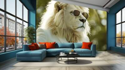 White lion is wearing white suit and wearing the black glass in green summer Wall mural