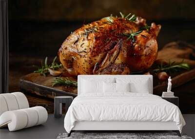 Whole roasted chicken is lying on a cutting board and seasoned with rosemary and garlic Wall mural