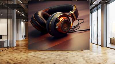 Wired headphones, on a wooden background, leather high quality audio, generative ai Wall mural