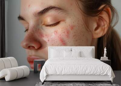 Woman with acne pimples on skin Wall mural