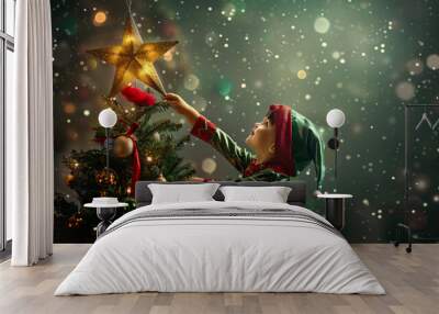 Young kid in a christmas elf costume places a golden star on a festive christmas tree Wall mural