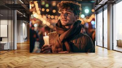 Young man holding a candle and soaking in the enchanting ambiance of a nighttime christmas market Wall mural