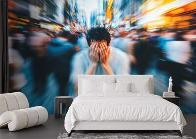 Young man is overwhelmed with anxiety and fear as he covers his face in a busy, crowded street Wall mural