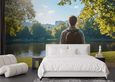 Young man with a backpack standing by a city park lake, savoring a lovely summer day Wall mural