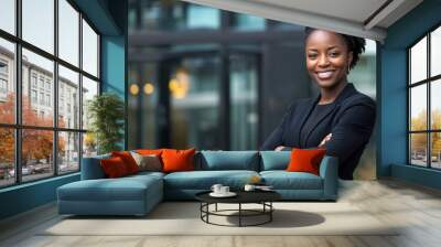 Young professional woman is smiling with her arms crossed in front of a modern office building Wall mural