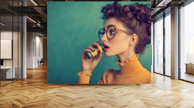 Young woman using inhaler for asthma treatment Wall mural