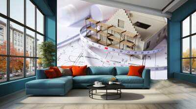 new model house with scaffolding on architecture blueprint plan Wall mural