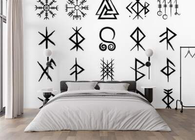 Full editable collection of norse symbols with meanings like protection, love, healing, safe travelling, compass, good luck, brave or courage and more. Wall mural