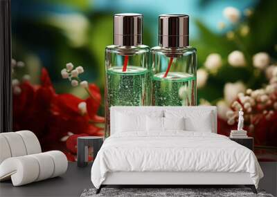 Close up of two green cosmetic bottles Wall mural