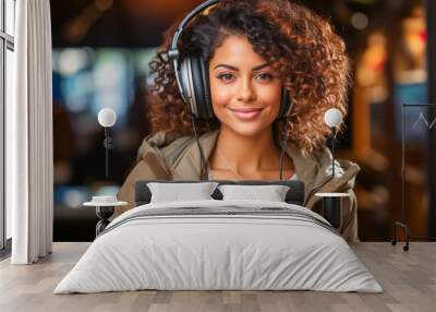 Frontal portrait of a African American businesswoman with a headset Wall mural