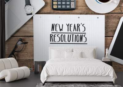 text new years's resolutions on note, Office desk with computer Wall mural