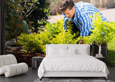 young man transplanting a new plant Wall mural