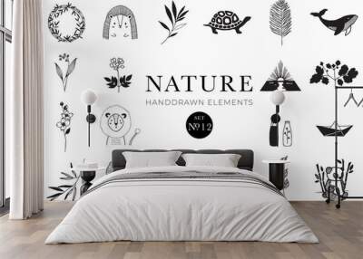 Handdrawn nature elements, Doodle illustrations, Natural drawings Wall mural