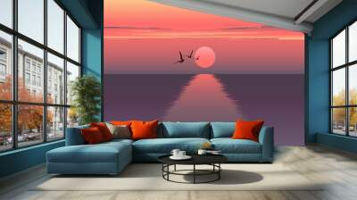 Vector horizontal illustration of sunset over the sea and ship. beautiful sunrise at the sea. the ship embarks on a journey. Sea birds. Wall mural