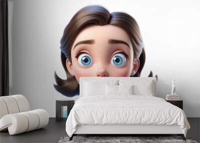 3D Cartoon Character A Small Girl With Short Brown Hair in Two Pigtails, Dressed in a Light Blue Shirt, Expressing Shock or Surprise With Wide Eyes and Her Mouth Open Wall mural