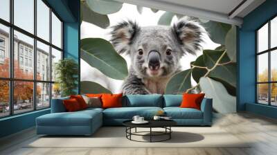 Charming Koala: Cute Baby Koala Peeking from Eucalyptus Leaves Wall mural