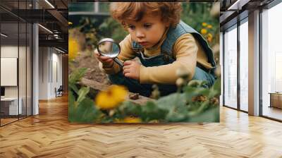  A young child candidly explores with magnifying glass in the garden flowers. generative ai Wall mural