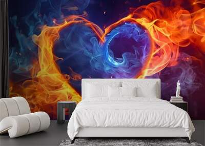 A heart shape made of swirling flames on an abstract background with blue and orange hues. The burning fire forms the outline of two hearts, creating a dramatic contrast against the dark space.  Wall mural