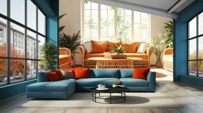 A living room decorated in the Japandi style, featuring natural wood furniture and soft pastel colors with accents of bright orange and yellow Wall mural