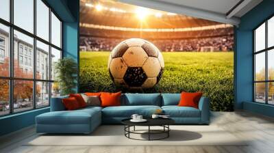 A soccer ball on the grass in front of an open stadium with a blue sky and sunlight Wall mural