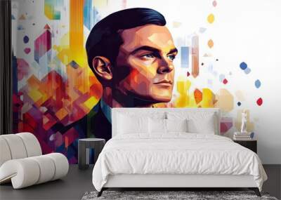 A vibrant and colorful illustration of young businessman, surrounded by the digital world he created in an abstract style Wall mural