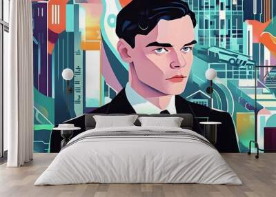 A vibrant and colorful illustration of young businessman, surrounded by the digital world he created in an abstract style Wall mural