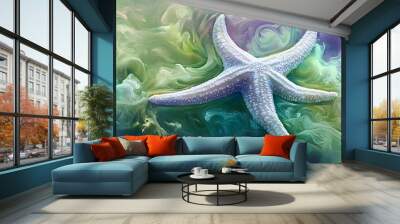 A white starfish surrounded by swirling pastel green and purple smoke, fantasy illustration style painting, high resolution Wall mural