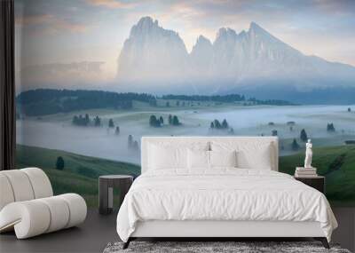 Alpe di Siusi or Seiser Alm, Dolomites Alps Sassolungo and Sassopiatto mountains, Trentino Alto Adige Sud Tyrol, Italy, Europe Wall mural