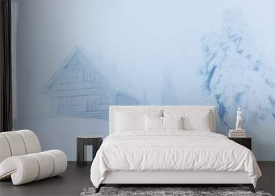 Alps in a extremely cold and frosty winter conditions. Extreme cold and deep snow, strong snowstorm. Foggy winter weather. Old frost covered country house surrounded by snowy trees. Christmas time Wall mural