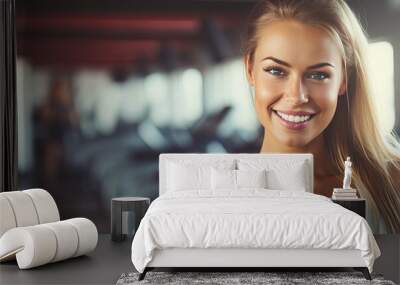 Attractive woman smiling in gym background. wide banner Wall mural