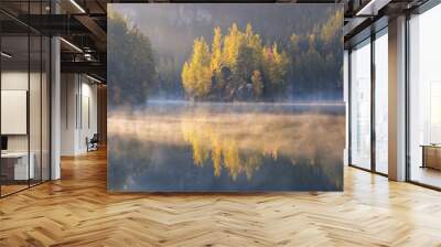 Autumn forest reflected in water. Colorful autumn morning in the mountains. Colourful autumn morning in mountain lake. Foggy autumn sunrise. Beautiful autumn background concept. Wall mural