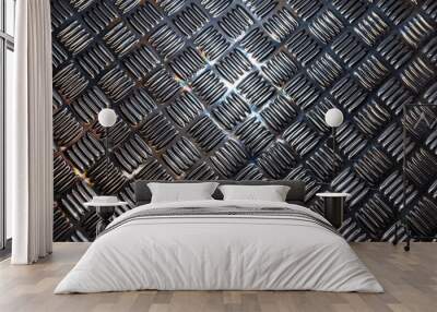 Background made of silver and black non-slip metal surface, visible light reflection, top view. Wall mural