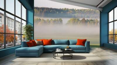 Beautiful nature landscape, amazing view of autumn meadow. Sun beams through fogg. Magic colours of Summer. Breathtaking wallpaper.
Serene land in the Countryside with solitery trees. Misty morning Wall mural