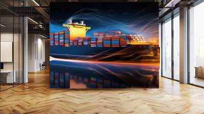 Big container ship with neon blue lights in the night. import export business logistic and transportation. Wall mural