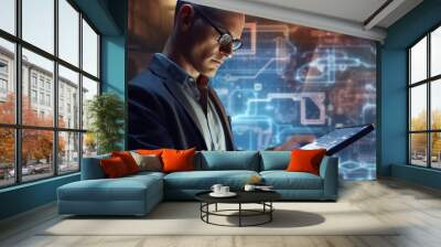 Bussiness man with futuristic digital tablet. Blue dark background Wall mural