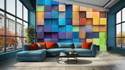 Colored wooden cubes wall. Abstract geometric rainbow blocks. wide banner Wall mural