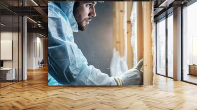 Construction worker installing house wall insulation in new home. Wall mural