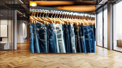 denim trausers hanging on rack wide banner. Wall mural