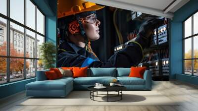 electrician woman installing a electric switchboard system, Wall mural