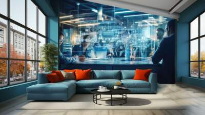 engineers meeting technology research in laoratory, deep blue colors Wall mural