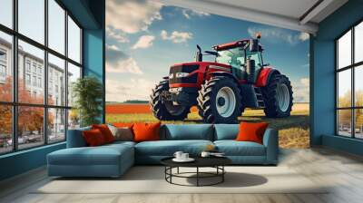 Farm equipment, tractor standing in the field. generative ai Wall mural