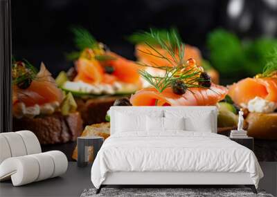 Fresh canapes topped with cheese, smoked salmon on bread. Wall mural