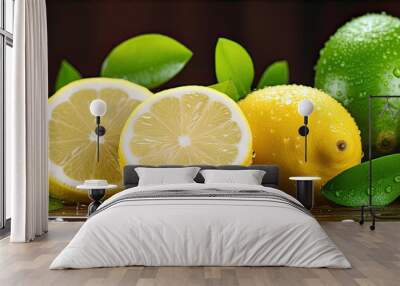 Fresh lemons with water drops. Lemon and green leaves on wooden table. wide banner Wall mural