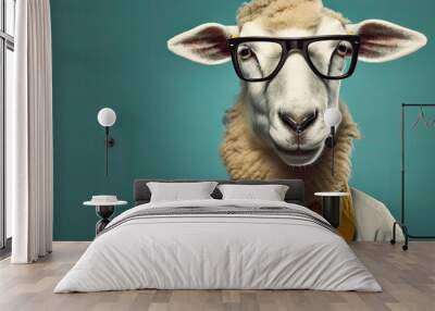 Funny sheep with cool glasses with colored tie.  On blue color ful vivid background. Wall mural