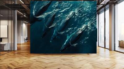 Group of humpback whales, underwater shot, cinematic shot, anamorphic prime lens, photorealistic, cinematic lighting, dark and moody, blue mood Wall mural