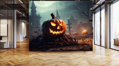 Halloweens and Pumpkin,  Graveyard cemetery, Spooky or scary dark Night. Wall mural