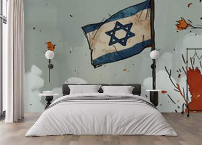 illustration of  Israel and Jewish identity, featuring two children under the iconic Israeli flag, symbolizing unity and future. Backdrop of clouds and sunshine. Israel and jew. Wall mural