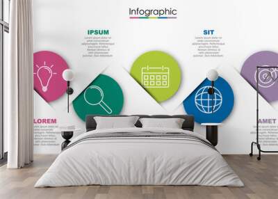 Vector infographic template with five steps or options. Illustration presentation with line elements icons.  Business concept design can be used for web, brochure, diagram, chart or banner layout. Wall mural