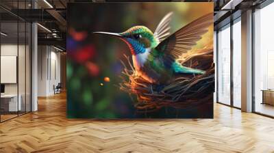 hummingbird with colorfull background. Small Flying colorful bird. panorama photo Wall mural